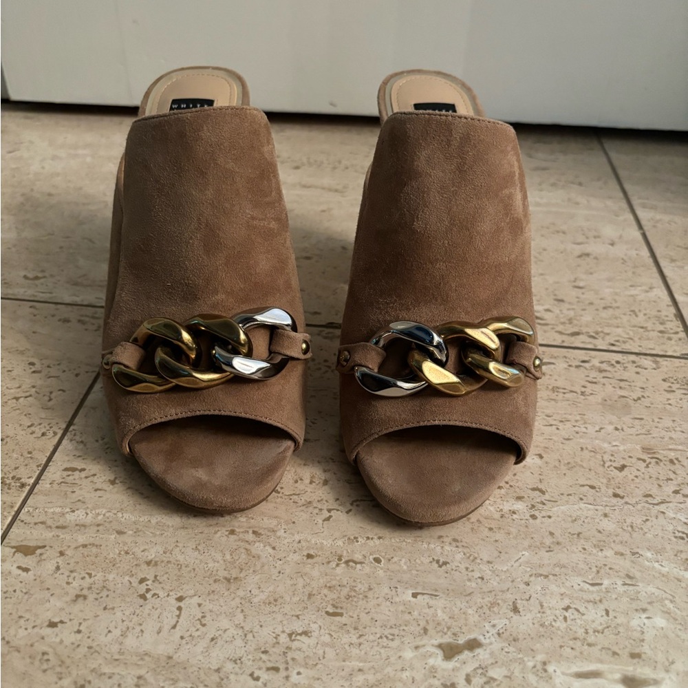 tan suede open toe heel mules